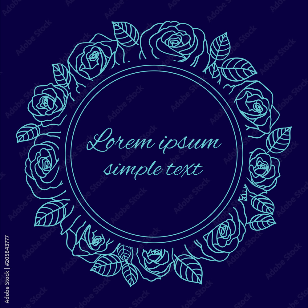 Blue vector silhouette roses wreath on the navy, copy space. Blue vector silhouette roses wreath on the navy, copy space.