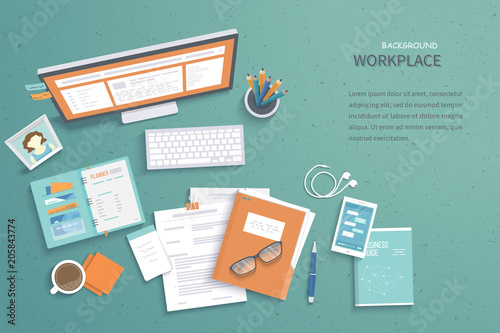 Workplace background. Top view of table with monitor, notebook, folder with documents, keyboard, book, glasses, phone. Vector illustration 