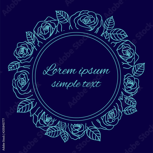 Blue vector silhouette roses wreath on the navy, copy space.