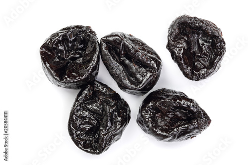 Dried plum - prunes isolated on a white background. Top view. Flat lay