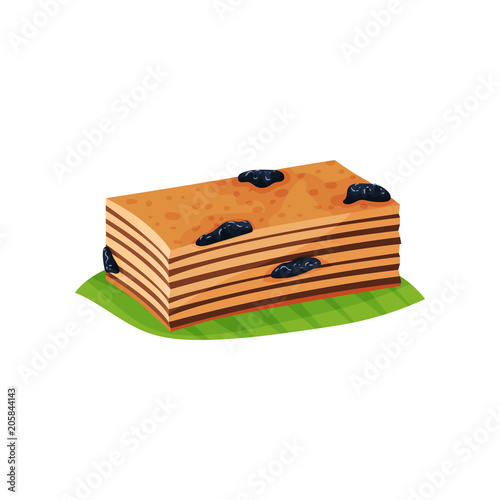 Slice of layered cake Quay Lapis with prunes on green leaf. Delicious Indonesian dessert. Oriental cuisine. Flat vector design for menu or flyer