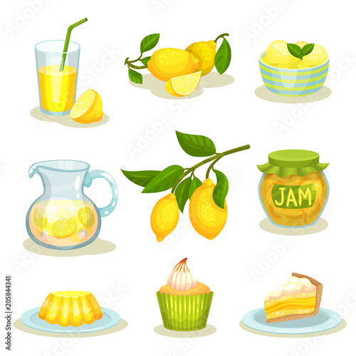 Flat vector set of lemon food and drinks. Bright yellow citrus fruit. Tasty desserts and fresh lemonade