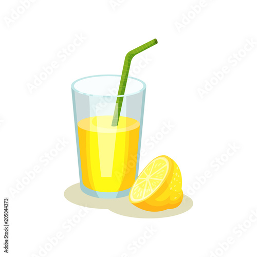 Glass with lemonade and drinking straw, half of fresh lemon. Tasty beverage from sweet citrus fruit. Flat vector element for promo poster