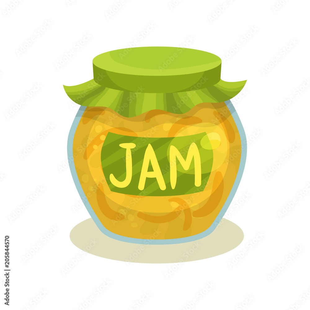 Transparent jar with lemon jam. Glass pot with sticker and lid. Sweet dessert made from citrus fruit. Flat vector icon Transparent jar with lemon jam. Glass pot with sticker and lid. Sweet dessert made from citrus fruit. Flat vector icon