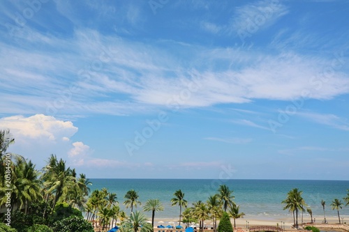 Beautiful view of the sea with the coconut trees, blue sky and white clouds in summer time. Nature concept. 