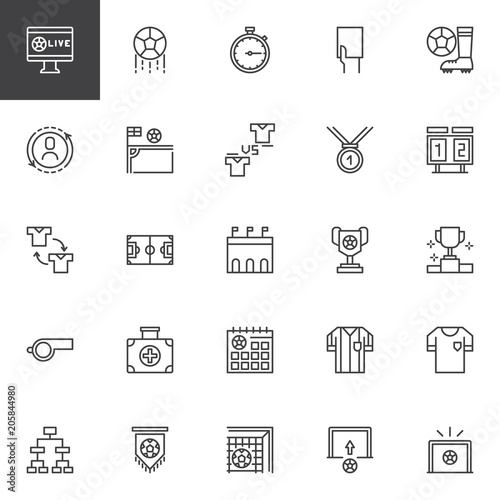 Soccer outline icons set. linear style symbols collection, line signs pack. vector graphics. Set includes icons as Football, Broadcasting, Soccer ball, Stopwatch, Amonestation, Corner kick, Match