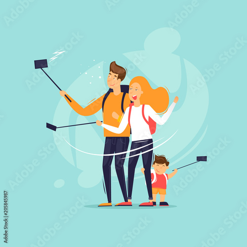 Family makes a selfie on a journey. Flat design vector illustration.