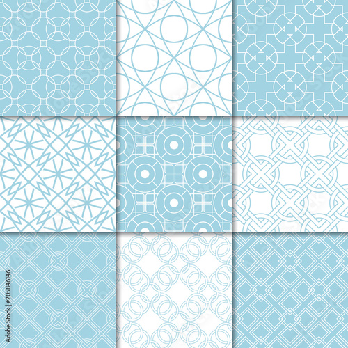 Blue and white geometric ornaments. Collection of seamless patterns