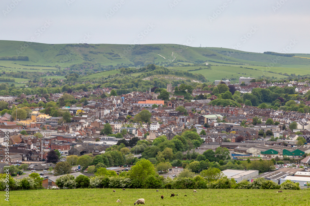 Looking down at the town of Lewes in East Sussex, in the South Downs National Park