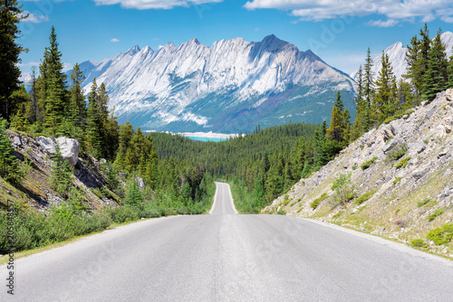 Road Trip in the Rocky Mountains. Beautiful highway in Jasper National park, Alberta, Canada.