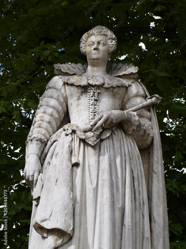 White statue of Maria de Medici in Luxembourg Garden, Paris, France  