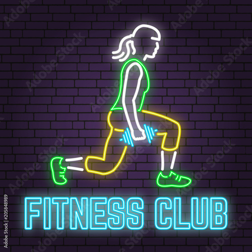 Neon fitness club sign on brick wall background. Vector illustration.