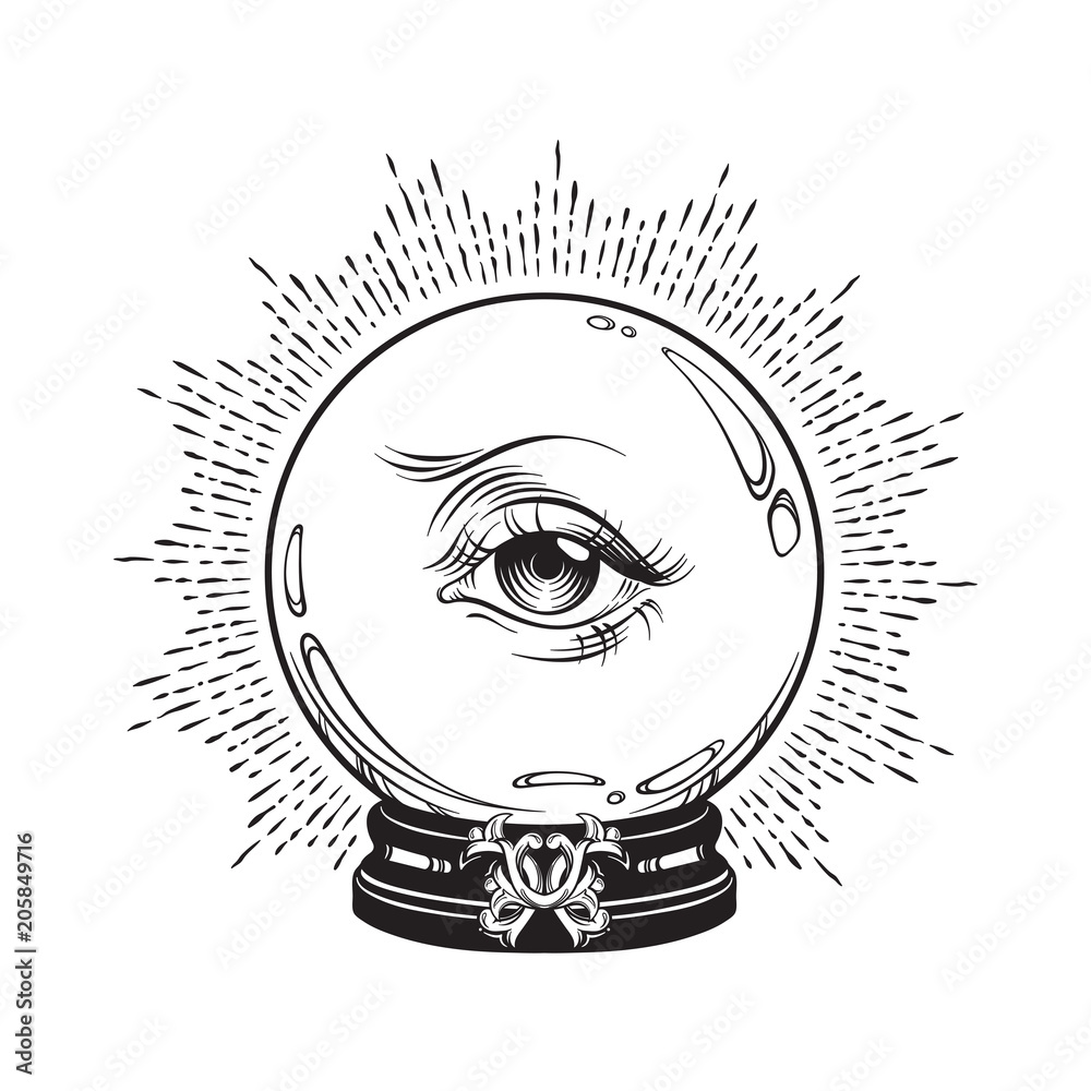 Hand drawn fortune telling magic crystal ball with eye of providence . Boho chic line art tattoo, poster or altar veil print design vector illustration. Stock Vector