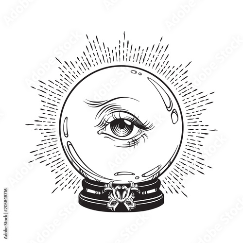 Hand drawn fortune telling magic crystal ball with eye of providence . Boho chic line art tattoo, poster or altar veil print design vector illustration.