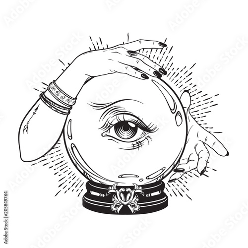 Hand drawn magic crystal ball with eye of providence in hands of fortune teller. Boho chic line art tattoo, poster or altar veil print design vector illustration.