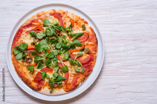 Vegetarian pizza on wooden background, copy space