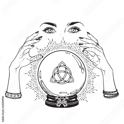 Hand drawn magic crystal ball with Triquetra or Trinity knot in hands of fortune teller line art and dot work. Boho chic tattoo, poster or altar veil print design vector illustration.