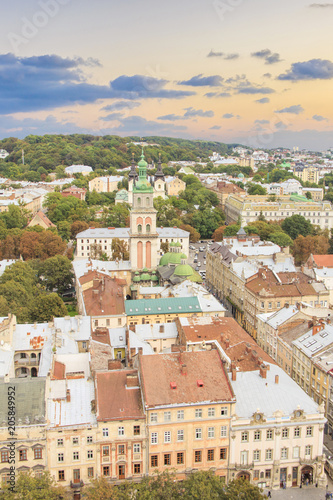 Beautiful view of the Dominican Cathedral, the Assumption Church and the historic center of Lviv, Ukraine, on a sunny day