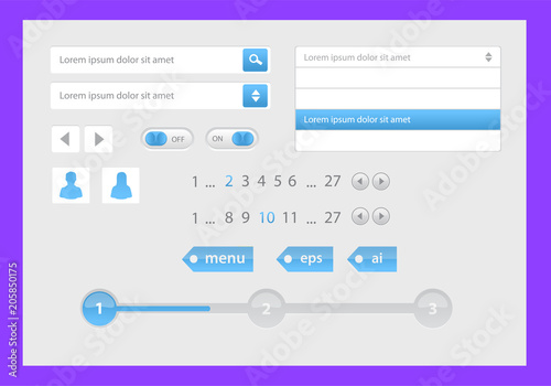 Vector Illustration of UI kit. Active button, non-activ button, check button, slider, search are, pagination