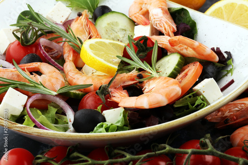 tasty meal with fresh and healthy prawn salad and vegetables. Prawns Langostino Austral.