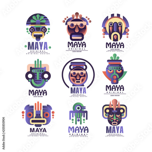 Maya logo original design set, emblems with ethnic mask, Aztec signs vector Illustrations on a white background