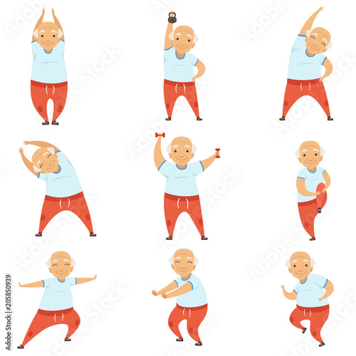 Senior man doing morning exercises, active and healthy lifestyle of retired people vector Illustration on a white background