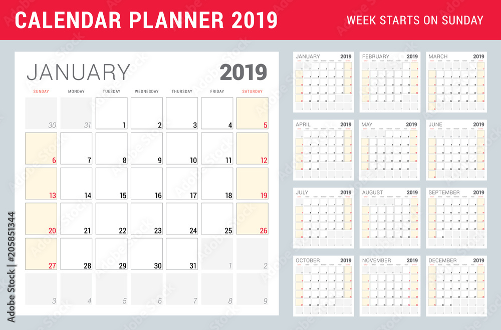Calendar planner for 2019 year. Week starts on Sunday. Printable vector stationery design template. Set of 12 months Calendar planner for 2019 year. Week starts on Sunday. Printable vector stationery design template. Set of 12 months