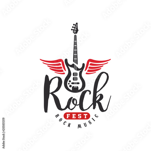 Rock music fest logo, emblem for Rock festival, guitar party, musical performance, design element can be used for poster, banner, flyer, print or stamp vector Illustration on a white background