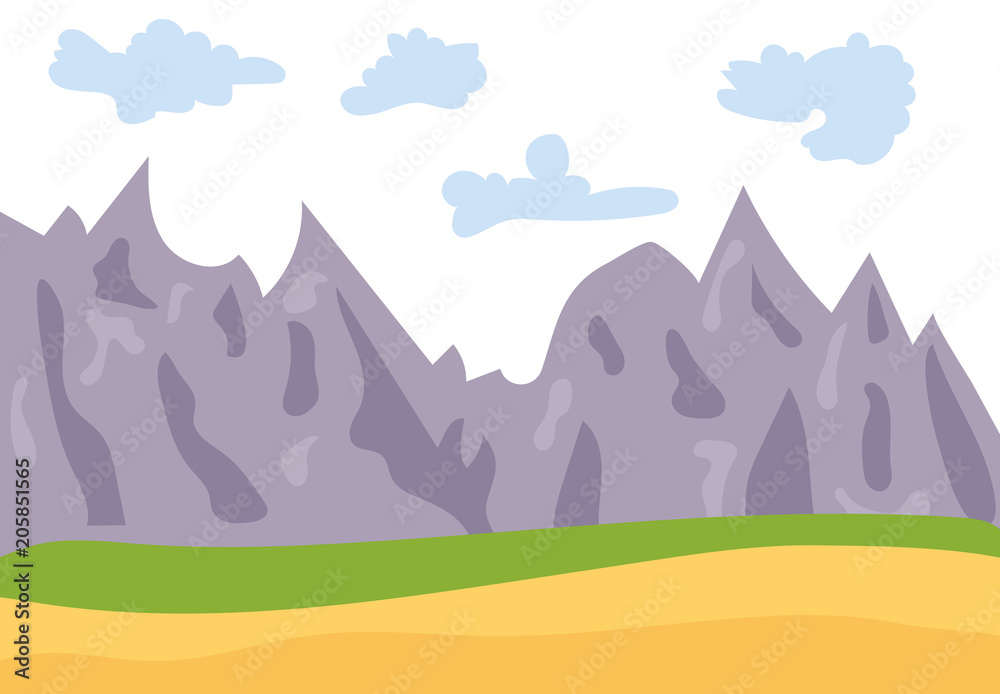 Natural cartoon landscape in the flat style with mountains, blue sky, clouds  and hills. Vector illustration
