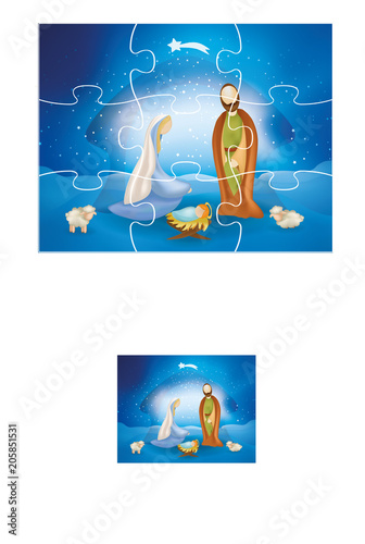 Christmas vector puzzle with Christmas nativity scene