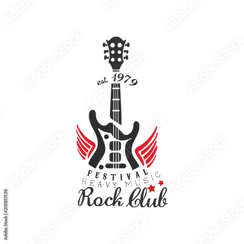 Rock club logo, heavy music festival est. 1979, design element with electric guitar can be used for poster, banner, flyer, print or stamp vector Illustration on a white background
