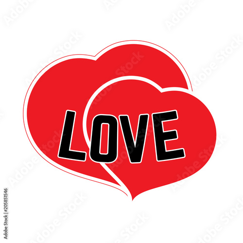 Red hearts on a white background with black inscription Love. Vector illustration. 