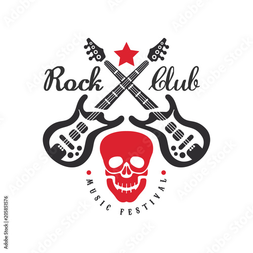 Rock club music festival logo, emblem for rock band, festival, guitar party or musical performance, design element with crossed electric guitars and skull vector Illustration