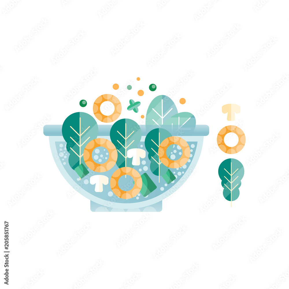 Tasty and fresh salad with green mushrooms, leaves of spinach and squid rings. Delicious food. Flat vector design with texture