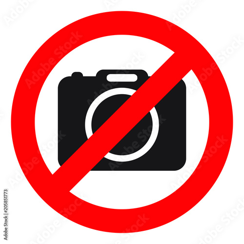 No cameras allowed sign. Red prohibition no camera sign. No taking pictures, no photographs sign.