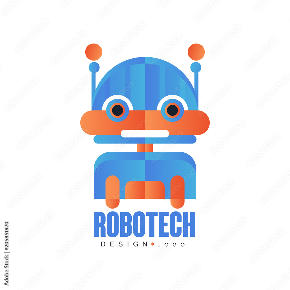 Robotech logo, badge with friendly robot, design element for company identity, technology or computer related services vector Illustration on a white background Robotech logo, badge with friendly robot, design element for company identity, technology or computer related services vector Illustration on a white background
