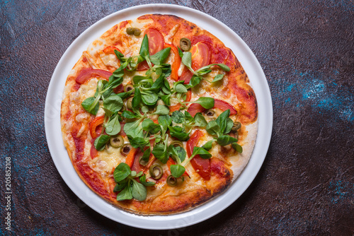 Vegetarian pizza on dark background, copy space