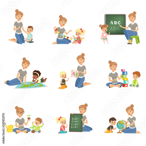 Cute little boys and girls playing and studying set, children study the alphabet, geography, biology, mathematics in kindergarten, pre primary school education concept vector Illustrations