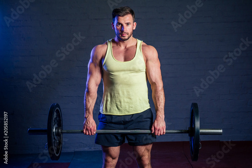 young and handsome man athlete doing exercises for the muscles of the body with a barbell in the gym. concept of a healthy lifestyle and crossfit