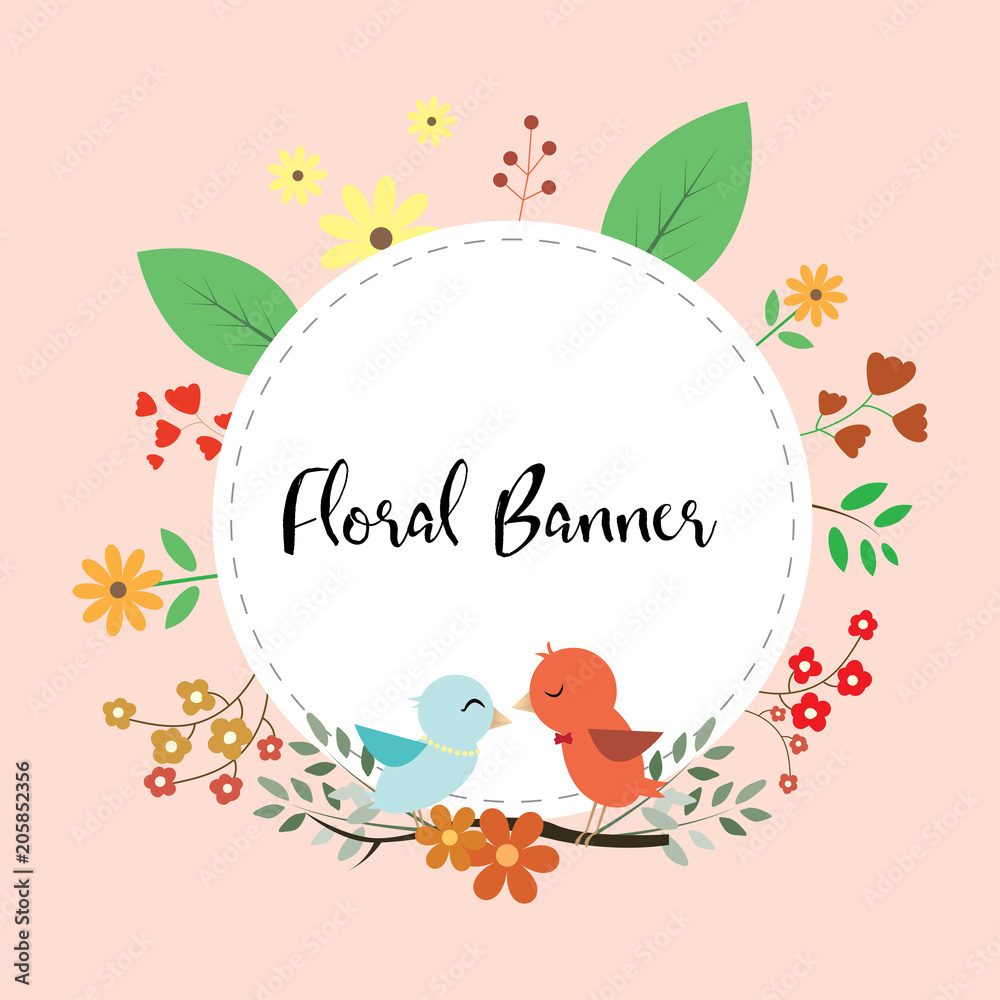 Design of floral banner with love birds couple and leafs flower. Design of floral banner with love birds couple and leafs flower.
