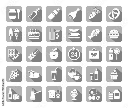 Food, gray, flat icons, vector. Grocery store. Food and drinks, production and sale. White drawings on a gray field with a shadow. Vector clip art.  
