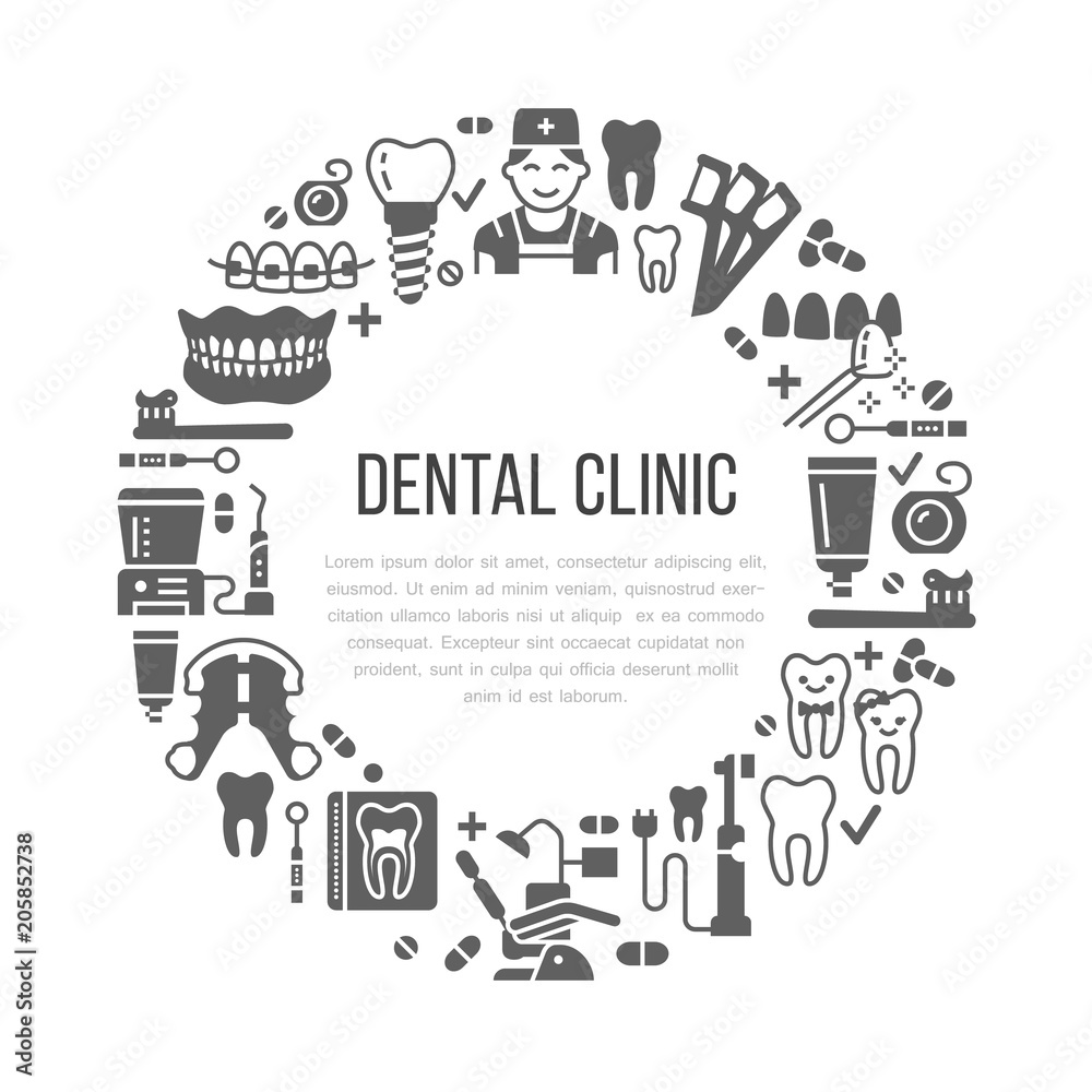 Dentist, orthodontics medical banner with vector line icons of dental care equipment, braces, tooth prosthesis, veneers, floss, caries treatment. Health care poster silhouette signs dentistry clinic.