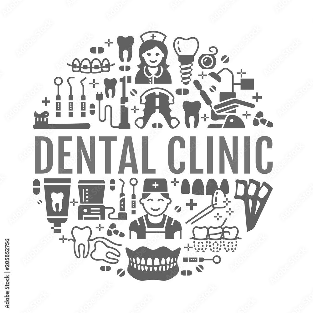Dentist, orthodontics medical banner with vector line icon of dental care equipment, braces, tooth prosthesis, veneers, floss, caries treatment. Health care poster silhouette signs dentistry clinic.