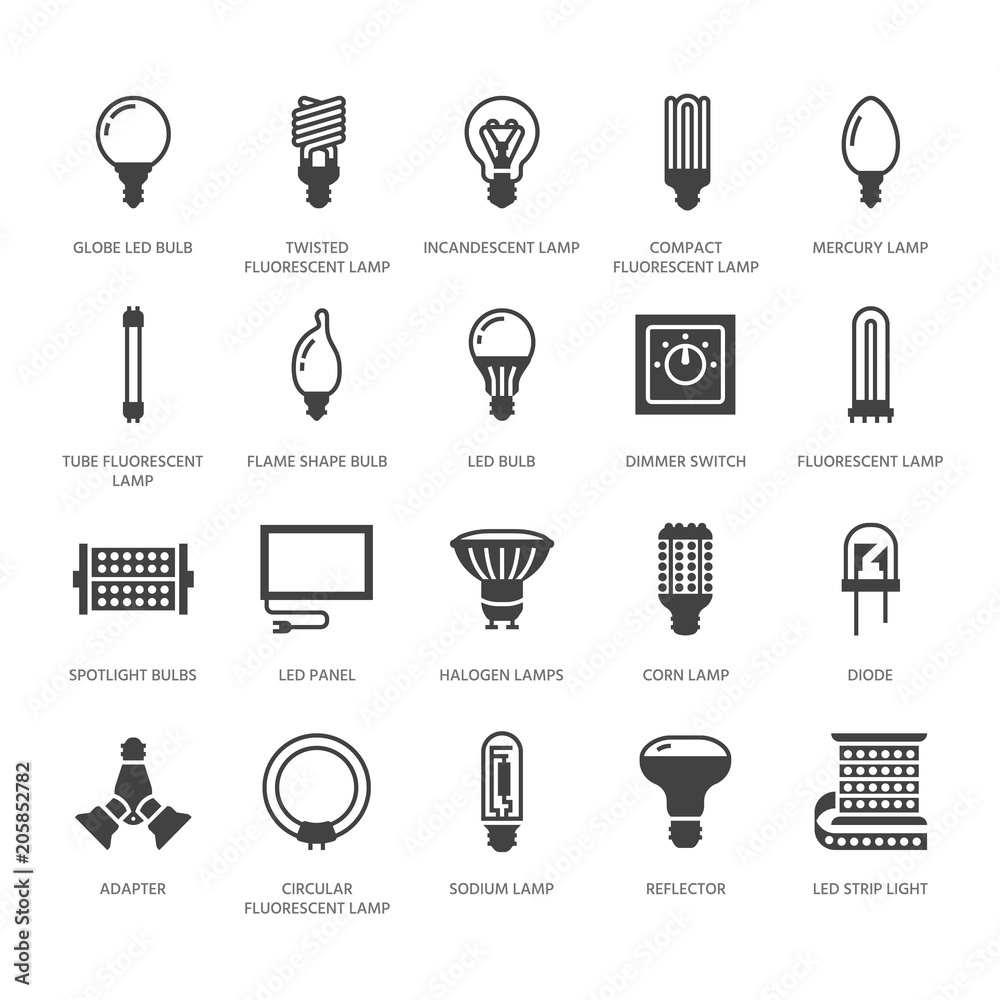 Light glyph icons. Led types, fluorescent, filament, halogen, diode and other illumination. Thin linear signs for idea concept, electric shop. Solid silhouette pixel perfect 64x64. Stock-vektor | Adobe Stock
