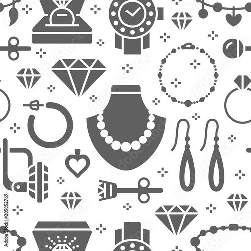 Jewelry seamless pattern, glyph illustration. Vector silhouette icons of jewels accessories - gold engagement rings, diamond, pearl necklaces, charms bracelet. Fashion white grey repeated background.