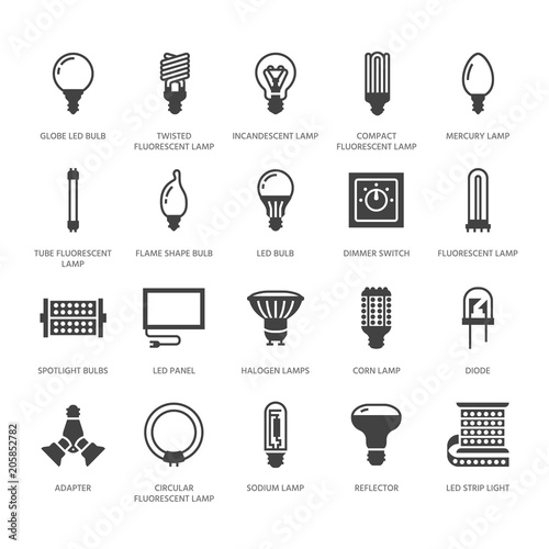 Light bulbs flat glyph icons. Led lamps types, fluorescent, filament, halogen, diode and other illumination. Thin linear signs for idea concept, electric shop. Solid silhouette pixel perfect 64x64.