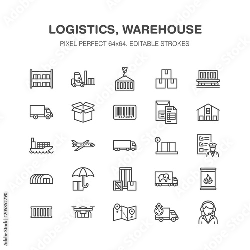 Cargo transportation flat line icons Trucking, express delivery, logistics, shipping, customs clearance, package, tracking labeling symbols. Transport thin signs freight services. Pixel perfect 64x64.