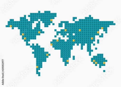 Vector world map made from blue and yellow plastic construction blocks on transparent background.