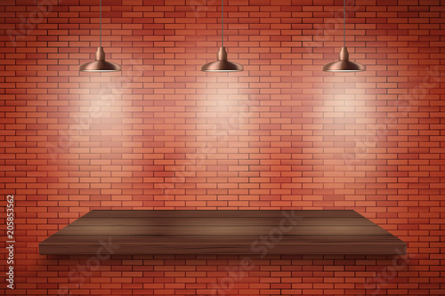 Brick wall and wood platform with three vintage pendant cone lamps. Editable Background Vector illustration.