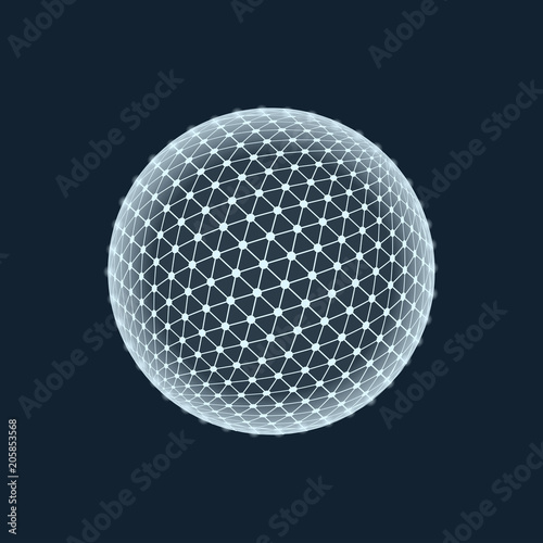 Abstract glowing blue sphere made from wireframes of shininnig points and lines. Technology concept.